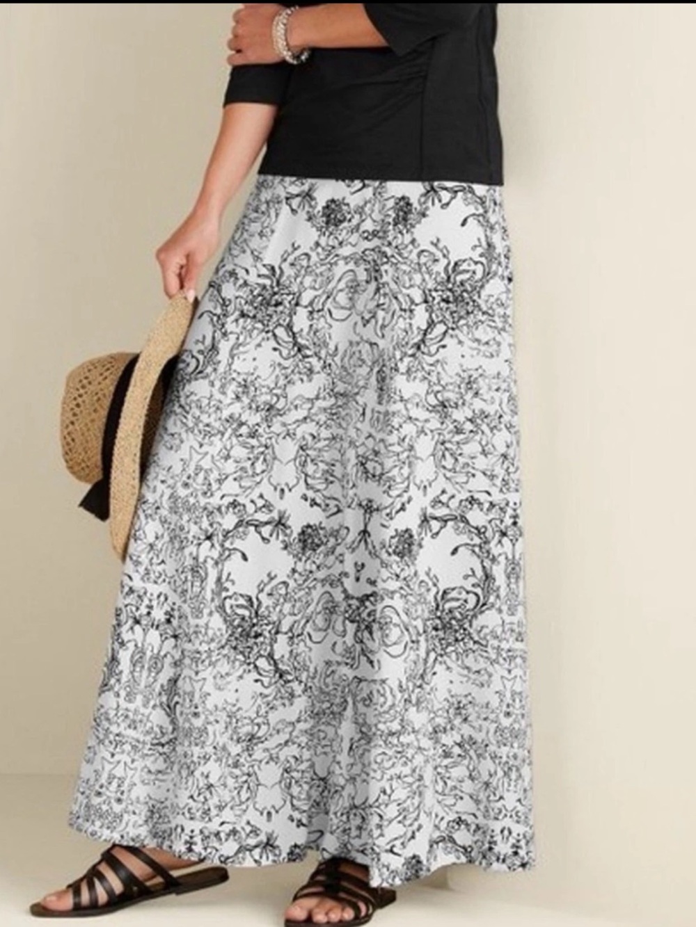 Soft Surroundings Black & White Floral-Print Maxi Skirt Boho Side Zipper Flowy M